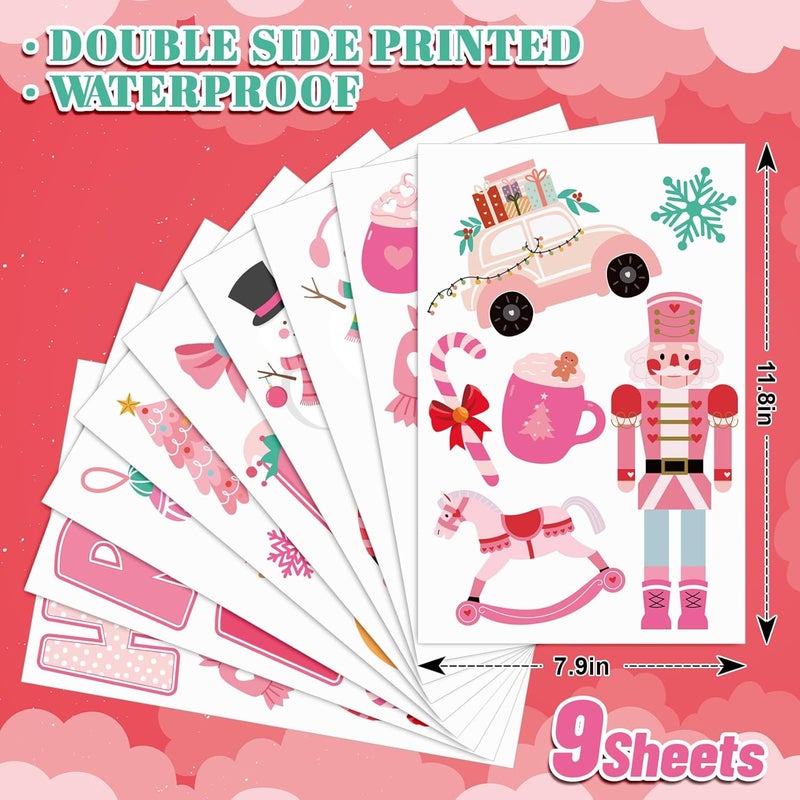 Whaline 9 Sheets Merry Christmas Window Cling Stickers Pink Cartoon Santa Snowman Penguin Reusable Window Decals for Xmas Winter Party Home Office Classroom Decoration - Image 2